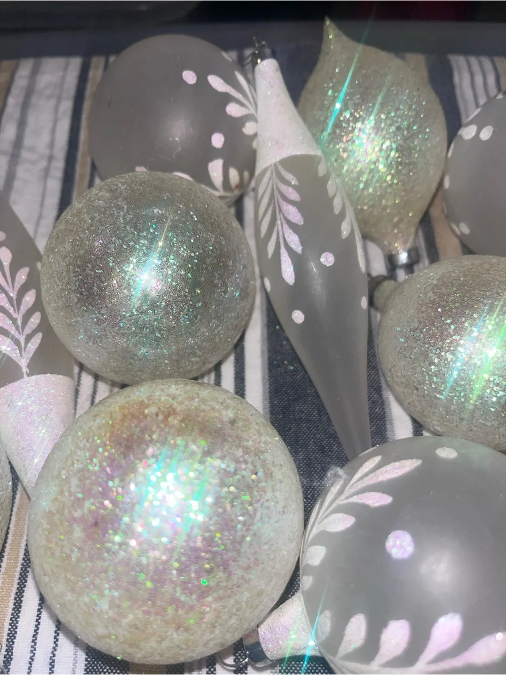 Hand-Painted Gray and Glitter Christmas Ornaments - Set of VTG Glass 166